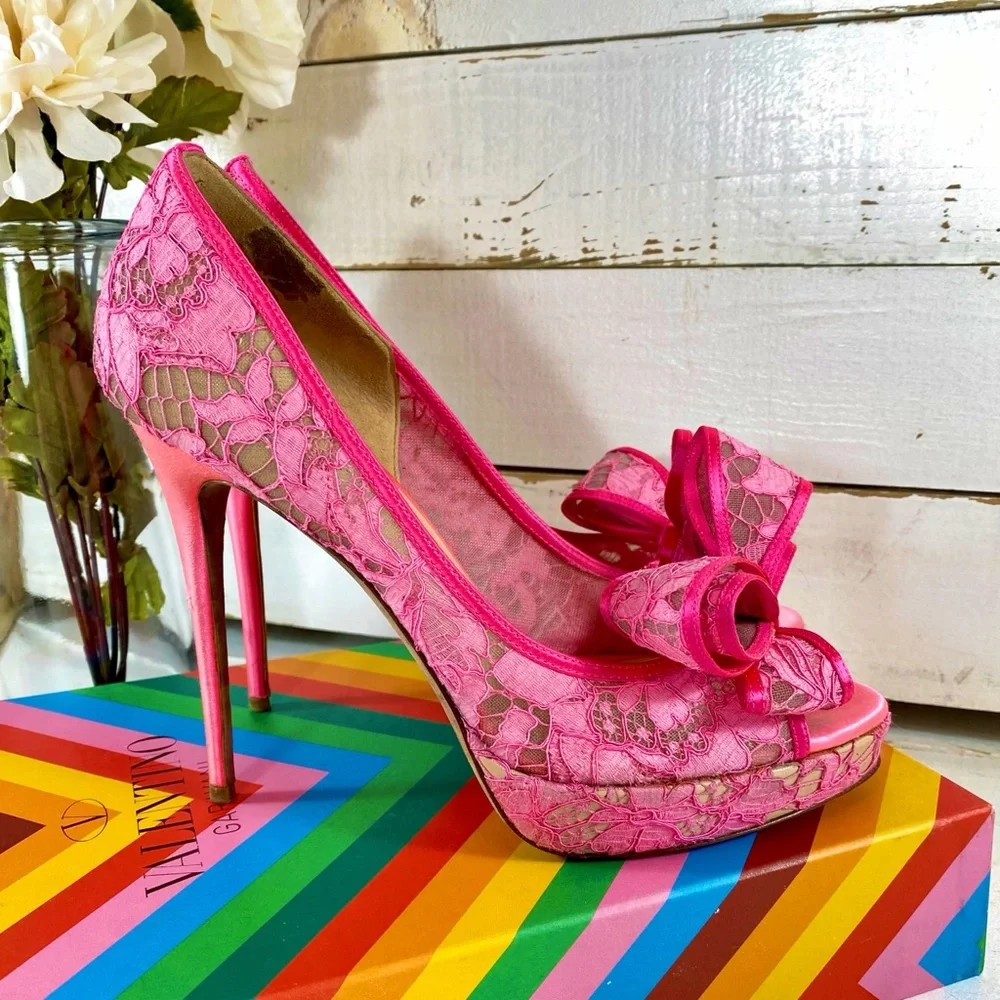 Valentino Garavani Hot Pink Lace Couture Bow Pumps